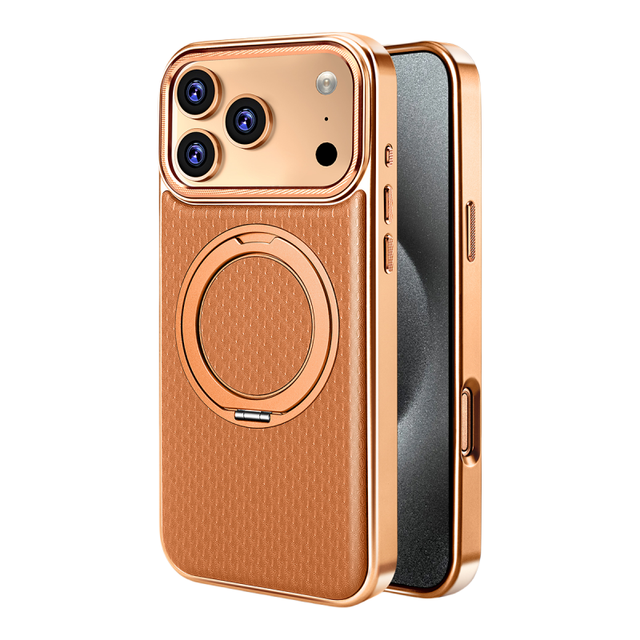 Premium PU Leather Magnetic Phone Case for iPhone 17 16 15 Pro Max Plus With Rotation Ring Stand Plating Frame Shockproof Cover