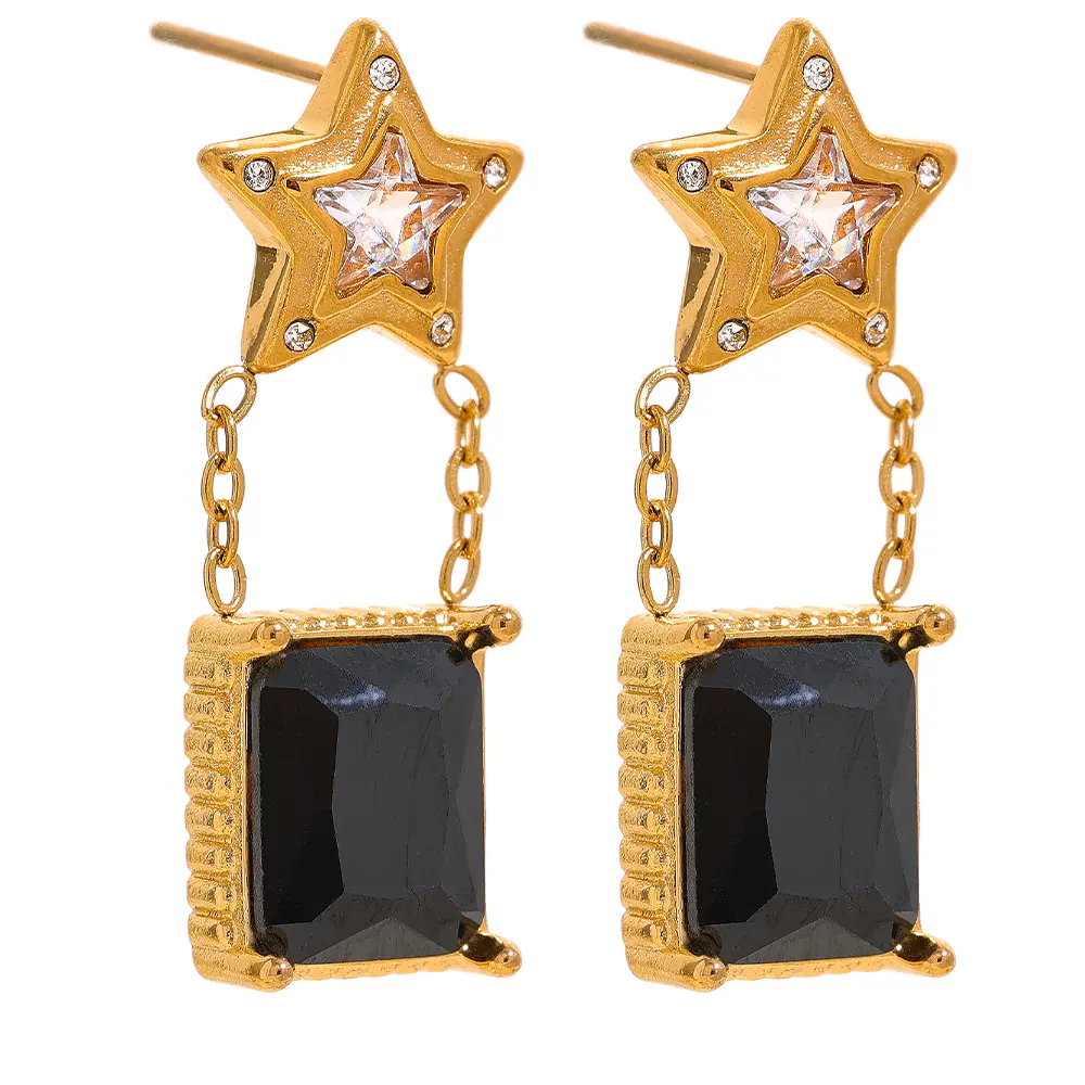 JINYOU 1473 Star Square Black Cubic Zirconia Drop Dangle Stainless Steel Earrings Stylish Korean Trendy Waterproof Jewelry Women