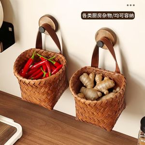 Panier de rangement en plastique tressé imitation rotin, panier mural avec sangle pour l'organisation de la maison et de la cuisine - Product Image 2
