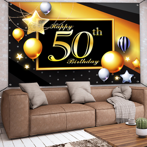 FSFLAG Moderne Grand 50e <span class=keywords><strong>Anniversaire</strong></span> Toile de Fond Décorations Happy70 X 47 Pouces Noir Or Polyester Bannière Femmes Hommes Articles De Fête - Product Image 5