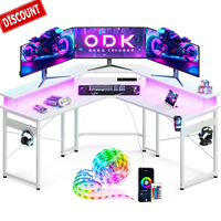 Table de jeu moderne en forme de L avec chaises et étagère, bureau d'ordinateur à domicile, bureau de jeu LED avec 2 prises – Offre spéciale