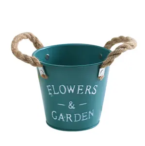 Home Crafts Supplier Desktop Storage Iron Bucket Metal Flower Bucket With Rope Hand
