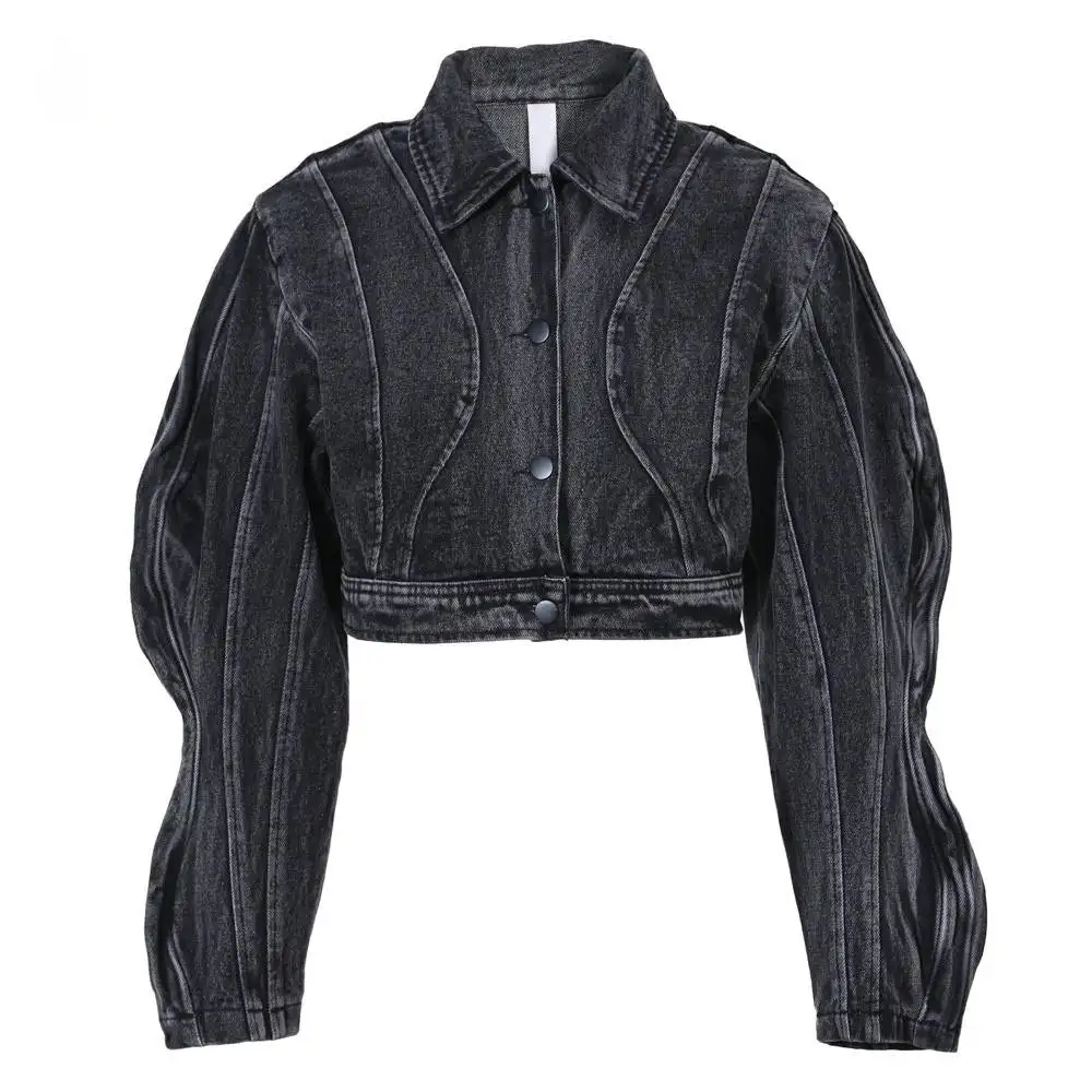 만다린 칼라 지퍼 클로저 프린트 패브릭 재고 오토바이 폭격기 재킷이있는 여성용 캐주얼 방풍 내구성 청바지 재킷