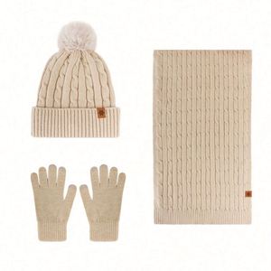 Ensemble trois pièces bonnet, écharpe et gants en tricot pour femme, doublure polaire épaisse double couche, collection hiver, vente en gros - Product Image 3