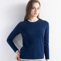 Pull en cachemire tricoté à col rond pour femme, ensemble deux pièces en maille, pull à manches longues avec col et poignets côtelés contrastants