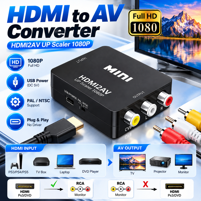 HDMI to AV Converter 1080P HDMI to RCA Composite CVBS Video Audio Adapter 3 RCA Converter for TV Monitor Projector