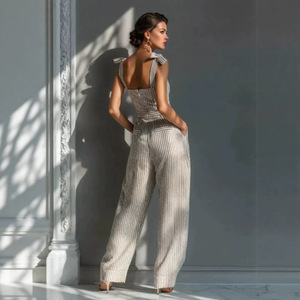 Wholesale 2026 Women Jumpsuit Linen <strong>Sexy</strong> Striped Halter Sleeve One-Piece Pants Trendy <strong>Dungarees</strong> Casual Wide Leg Women Overalls - Product Image 3