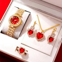 Ensemble de bijoux de luxe pour femmes, 4 pièces, montre à quartz, zircon, or rose, Diwali, Eid, Ramadan, boucles d'oreilles, collier, bague, sur mesure