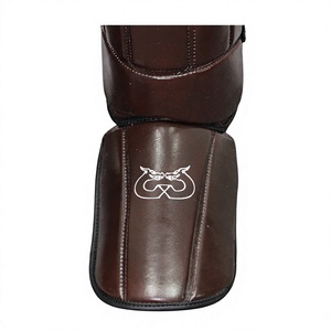 MIKEE Brown Leather Shin Guards Muay Thai Kickboxing Training Padded Leg Guards Hook Loop Closure - Product Image 4