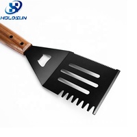 Ensemble de 2 pinces-spatules de barbecue antiadhésives à revêtement noir, résistantes à la chaleur et de qualité alimentaire, avec poignée en bois rivetée, pour barbecue domestique