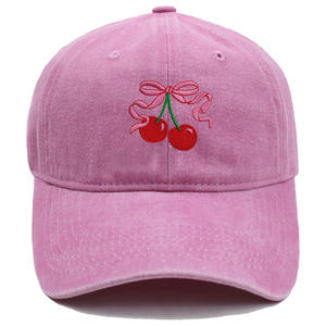 Gorra <span class=keywords><strong>de</strong></span> Béisbol <span class=keywords><strong>de</strong></span> Algodón Lavado Vintage Personalizada al por Mayor, Gorra <span class=keywords><strong>de</strong></span> Papá con Lazo Rosa Cereza Bordado - Product Image 2