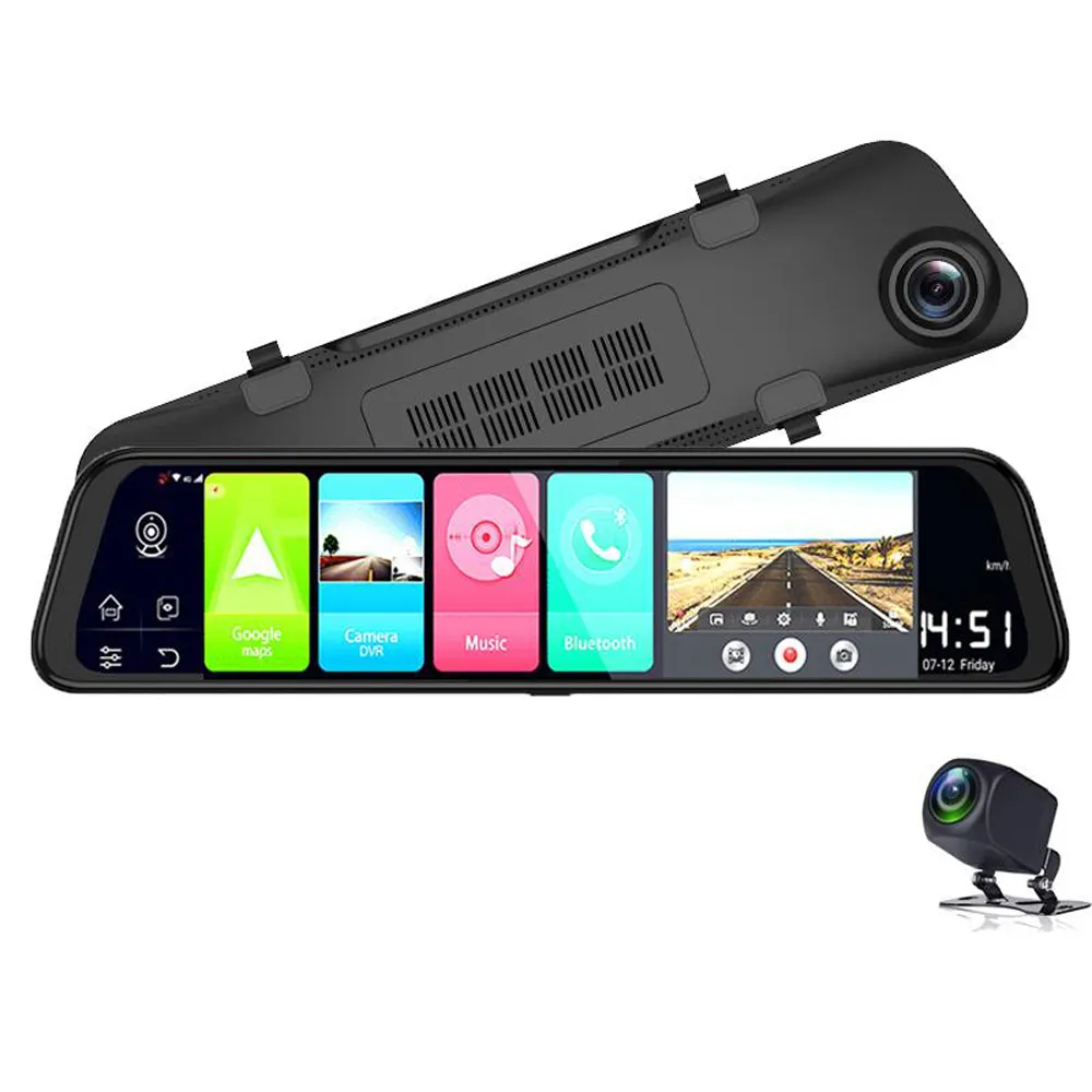 자동차 dvr 카메라 11.8 인치 4G 안드로이드 8.1 쿼드 코어 GPS 네비게이션 듀얼 렌즈 백미러 Dashcam 블루 치아 비전 Rec CR86