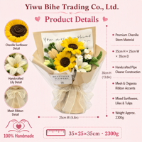 Bouquet de tournesols en soie floquée fait main BH, cadeau moderne pour la fête des enseignants, cadeau de remise de diplôme, décoration d'intérieur, respectueux de l'environnement, livraison rapide