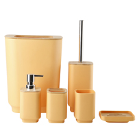 Ensemble d'accessoires de salle de bain de luxe en bambou et plastique, 6 pièces, design moderne : poubelle, distributeur de savon, porte-savon, brosse de toilette, porte-brosse à dents