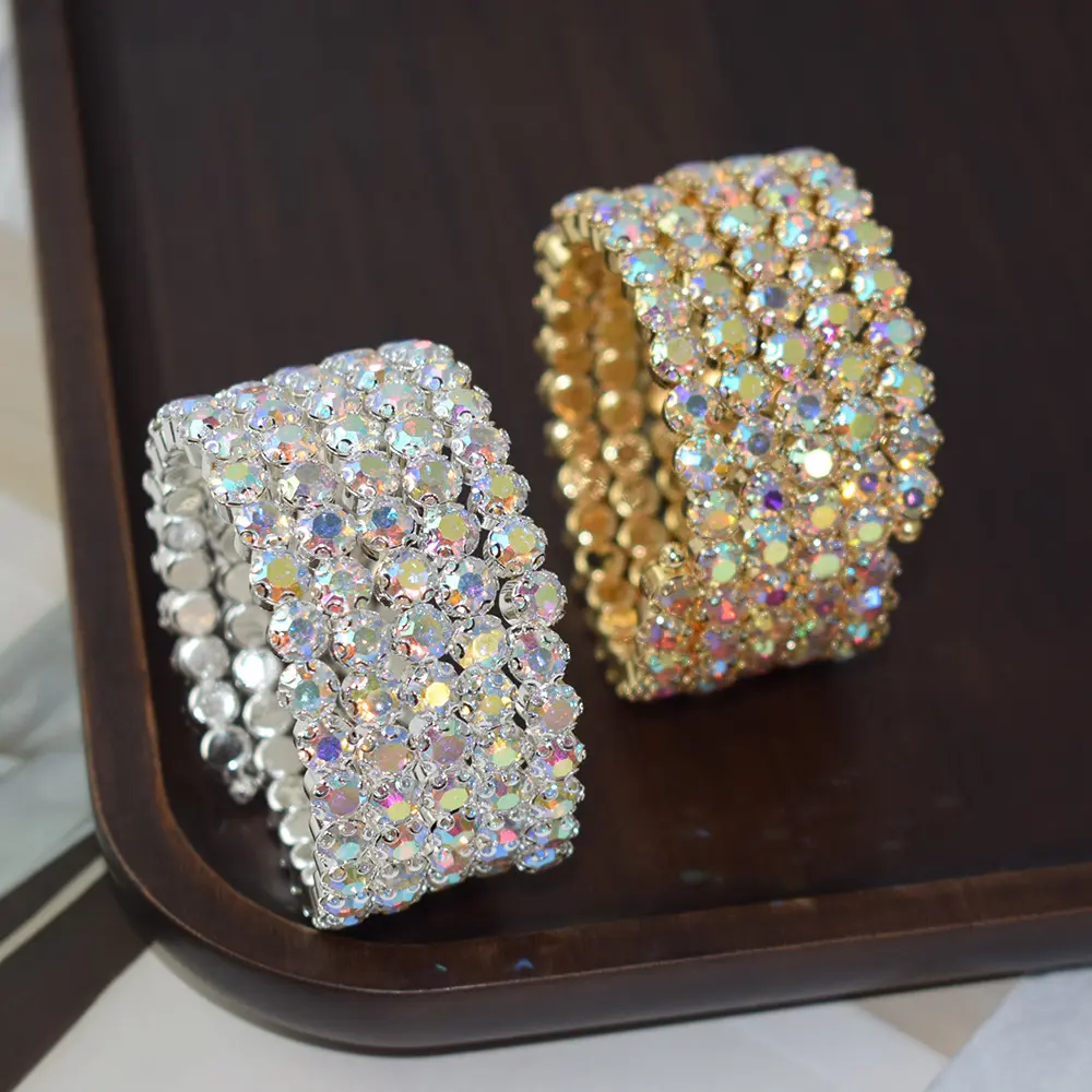 Elastische 18K Vergulde Volledige Bling Diamond Crystal Tennis Wrap Armbanden Bangles Breed 5 Rijen Strass Stretch Manchet Armband