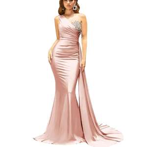 반짝이 인어 럭셔리 이브닝 드레스 주름 섹시 하이 사이드 슬릿 댄스 파티 원피스 오프 숄더 새틴 신부 파티 가운 - Product Image 4