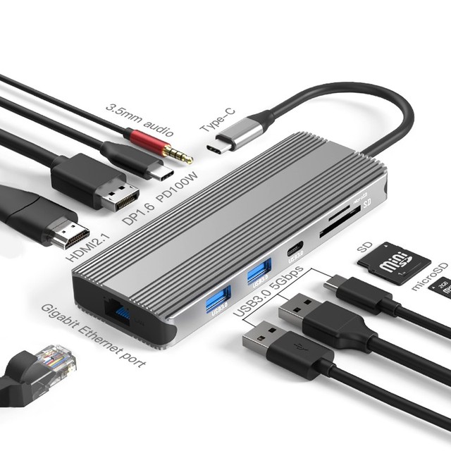 10 In 1 Type C Hub USB C Hub USB C to Displayport and HDTV 8K 30Hz Ethernet Hub Multiport Adapter Docking Station Dual Monitor