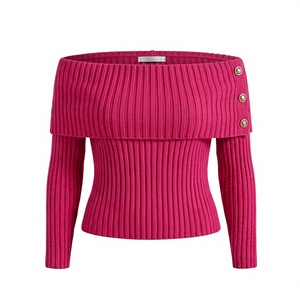Hot Pink Ribbed Solid Short <b>Women</b> <b>Cardigan</b> off Shoulder Long Sleeve Knit <b>Button</b> Front Slim Fit Top Sheer Layer All Seasons - Product Image 1