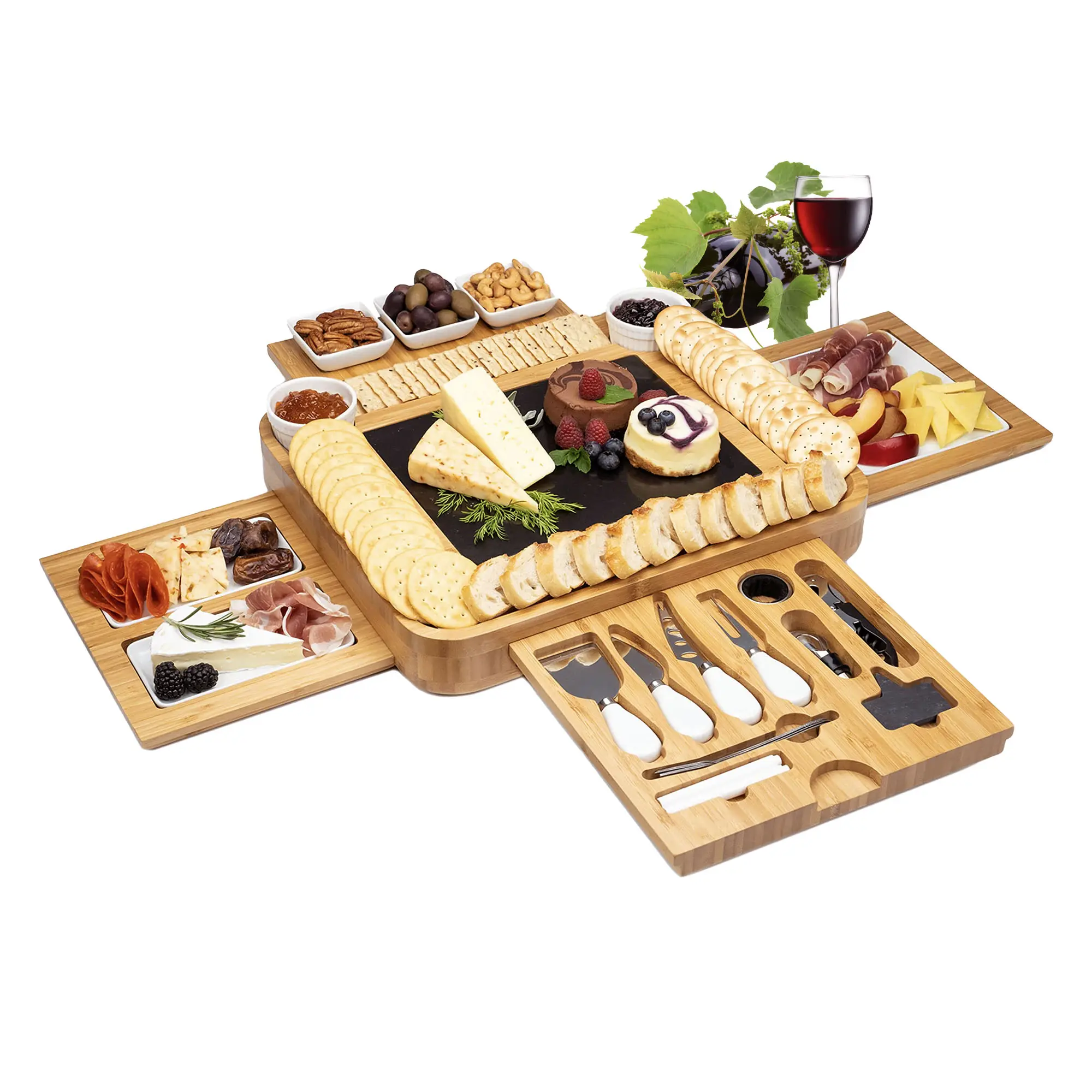 Addreen charcuterie Wholesale bamboo cheese cutting board Tray with Ceramic Bowls and knife set