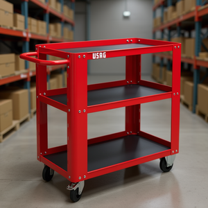 Carrito utilitario Usag de 3 estantes, rojo, con estantes negros y ruedas para almacenamiento en almacén - Product Image 3