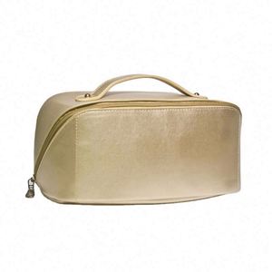 Elegant Golden PU Cosmetic Bag Large Capacity Open Flat Toiletry Bag Portable Travel Makeup <b>Pouch</b> - Product Image 1