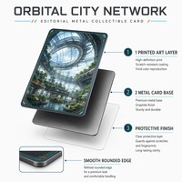 Tarjetas Coleccionables de Metal Personalizadas, Diseño Orbital City Network, Impresión HD en Acero Inoxidable, para Coleccionistas de TCG y Regalo de Ciencia Ficción