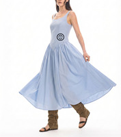 Robe midi sans manches à col carré, bleu clair uni, taille froncée en V, coupe évasée pour femme