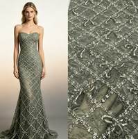 Tissu en dentelle brodée de sequins vert olive de luxe, maille florale pour robe de mariée, robe de soirée, stock disponible, livraison rapide