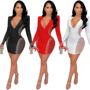 Hochwertige Perlen elegante Party sexy Mesh Abendkleid Eng anliegendes Netzgarn Hot Drilling Gown Pack Hüftrock Sexy Kleid auf