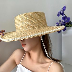 Primavera Verão Estilo francês Pérolas Cadeia Palha Flat Top Chapéu De Palha Proteção Solar Praia Chapéu Para As Mulheres - Product Image 4
