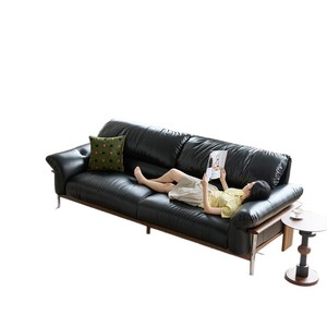 mid century JO black top grain oil wax leather solid wood frame sofa for small living room - Product Image 4