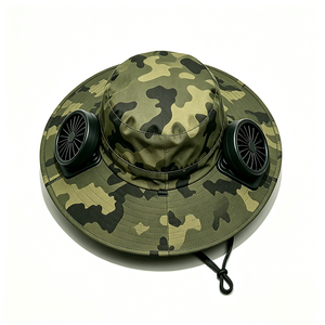 Unisex Camo Wide Brim Bucket <b>Hat</b> Dual <b>Cooling</b> Fans UPF50+ UV Protection Outdoor Fishing Hiking Windproof Chin Strap <b>Hat</b> - Product Image 4
