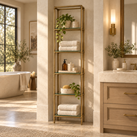 Tour de rangement haute de 80 po, étroit, autoportant, à 5 niveaux, avec étagères en verre, en métal laiton antique, pour salle de bain