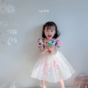 Gaun Princess Anak Perempuan, Gaun Rok Rajut Jala Bunga Lengan Pendek Musim Panas 2021 untuk Anak Perempuan