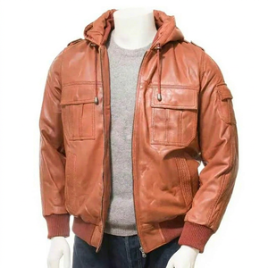 <b>High</b> Quality Super <b>Leather</b> Jacket Premium Men Tan <b>Leather</b> Hooded Bomber Jacket Customized Fit and Style Handcrafted <b>Top</b> Quality - Product Image 1