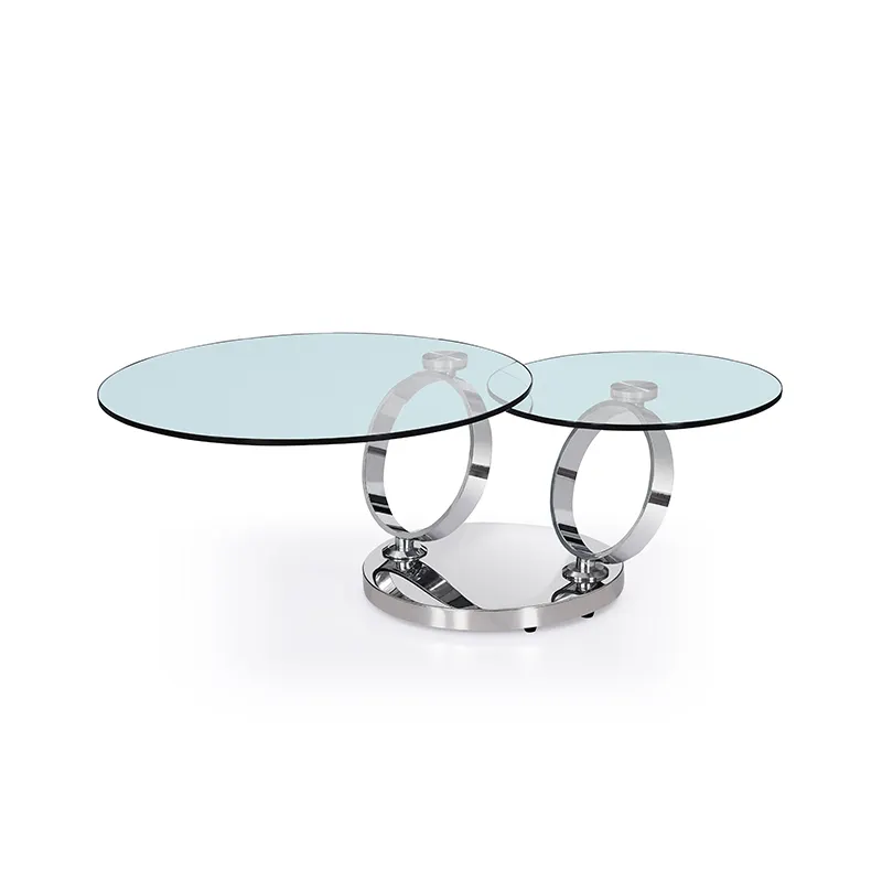 LC-YS010 retractable rotating spin two round clear glass top chrome steel living room coffee table