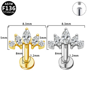 Pendientes Clásicos de Titanio F136 con Circonita Transparente de Corte Princesa y Parte Trasera Plana para Boda, para Cartílago, Oreja, Labret, Concha, Hélice - Product Image 2