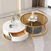 Table basse ronde moderne, ensemble de 2 tables basses gigognes en marbre avec cadre doré et plateau en verre trempé pour salon