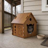 Maison pour chat en bois moderne, abri pour chat d'intérieur en forme de tête de chat avec trous d'aération, bords festonnés, abri en bois pour chats toutes saisons