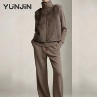 Cardigan en tricot pour femme à col montant, effet deux pièces, avec fermeture éclair, en cachemire épais, ouvert sur le devant, avec bordure en fourrure de vison