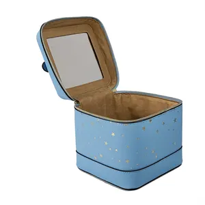 Sac de Promotion de marque célèbre étui à cosmétiques en faux cuir bleu avec étui à maquillage en PU avec miroir