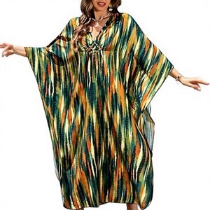 Robe Abaya Maxi Col V Manches Trois-Quarts Coupe Ample Motif Tie-Dye Vêtement d'Été Bohème en Rayonne pour Femme - Product Image 1