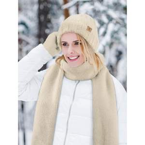 Women's Winter <b>Accessories</b> Set Printed Warm Fleece Knit Beanie Hat Long Scarf Neck Warmer Touch Screen Gloves - Product Image 6