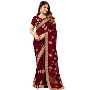 Vexotrend India Pakistan Premium Velvet <b>Satin</b> Traditional <b>Saree</b> for Women Embroidery Swarovski Wrinkle-Free Quick-Dry All - Product Image 1