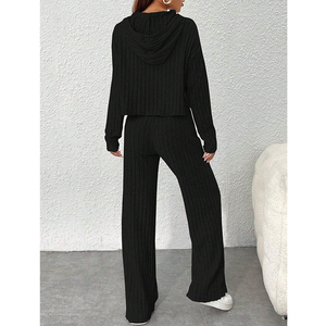 Autunno donna abito Casual in maglia tinta unita abito a manica lunga con cappuccio pantaloni donna maglione pantaloni larghi due pezzi Set due pezzi - Product Image 1