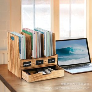 Wooden Desktop <b>File</b> Organizer With <b>Drawers</b> And Blackboard Labels For Office Document Storage Rack Rectangle Standing Type - Product Image 3