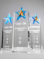 Trophée personnalisé en cristal pentagramme avec impression UV, création originale pour événements annuels d'entreprise, récompense des meilleurs employés
