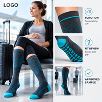 Chaussettes de compression graduées pour mollets, avec tableau de mesure, manchette plus large, bout plat, couleur anthracite turquoise, densité tricotée, entretien et soin.