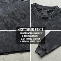 T-shirt personnalisé premium en strass, streetwear, coupe ample, délavé à l'acide, manches longues, col rond, ourlet effiloché pour homme