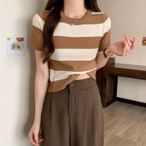 T-<span class=keywords><strong>shirt</strong></span> d'été rayé à manches courtes pour <span class=keywords><strong>femme</strong></span>, haut ajusté à carreaux colorés, pull tricoté à <span class=keywords><strong>col</strong></span> <span class=keywords><strong>rond</strong></span> style Hot Girl - Haut court polyvalent - Product Image 3